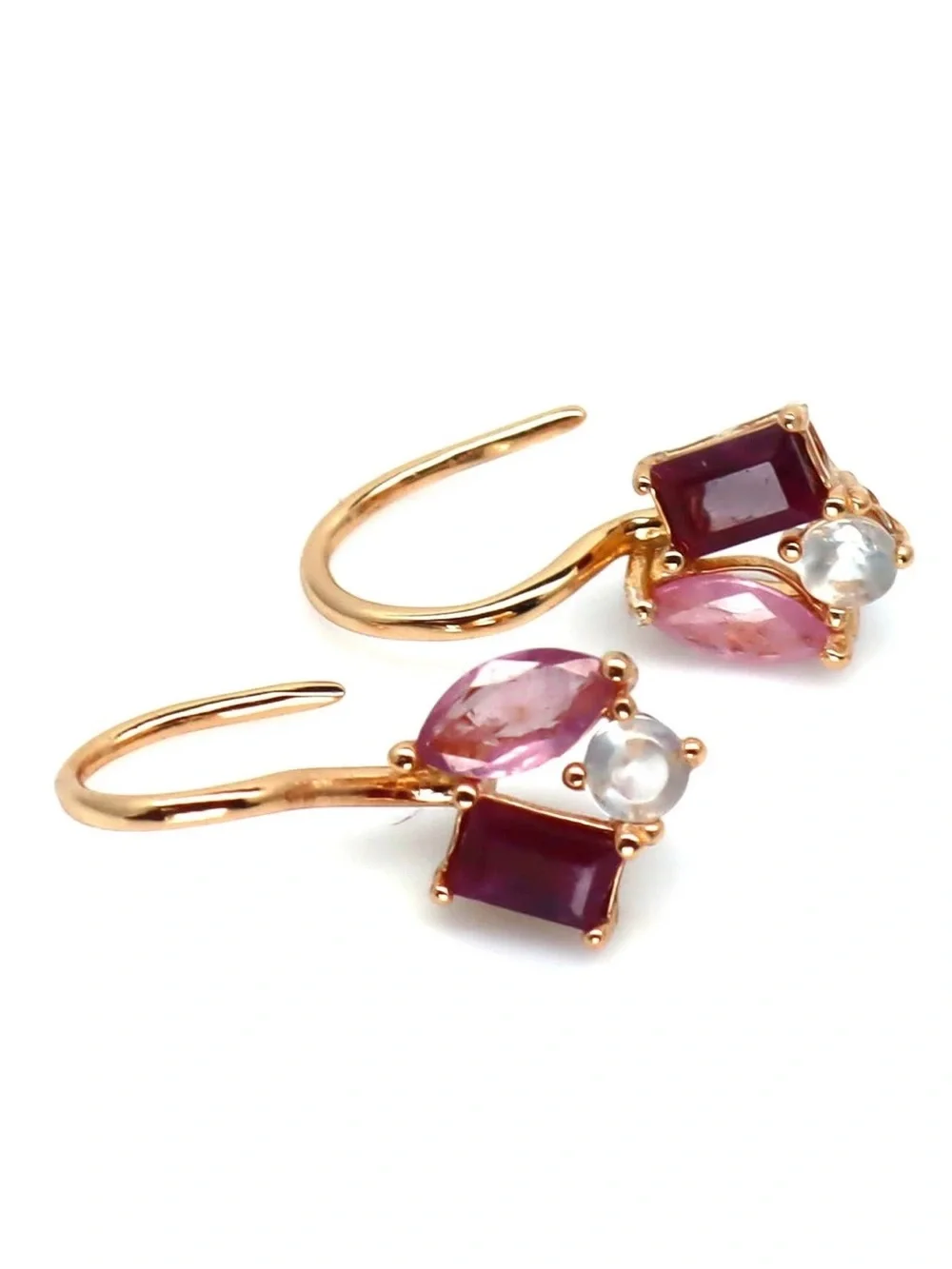 Stunning Natural 1.10CT Red & Pink Ruby & Topaz French Hook 18K Gold Earrings